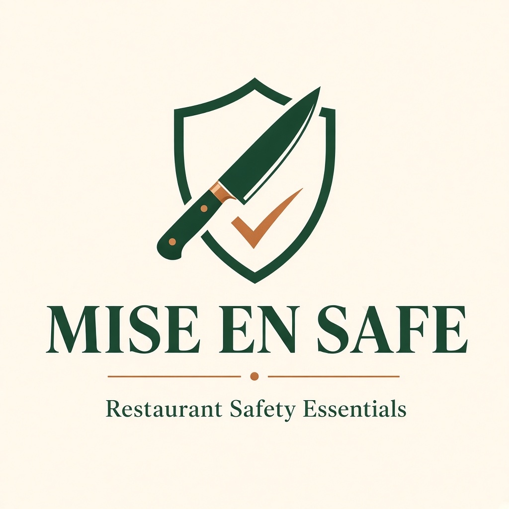 Logotipo de Mise en Safe: un cuchillo de chef cruzando un escudo verde con una marca de verificación color cobre, sobre las palabras Restaurant Safety Essentials